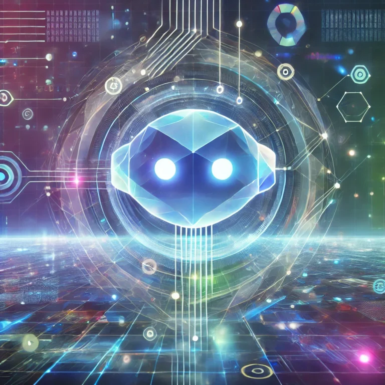 Una ilustración futurista y creativa de una inteligencia artificial similar a ChatGPT, representada como un holograma brillante con formas geométricas