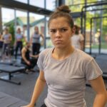 an image of a frustrated person at the gym because they don't fit in and can't achieve their goals, in a cool gym environment surrounded by motivated people who do exercise.