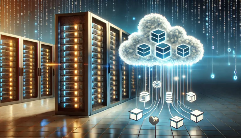 A visual contrast between a traditional data center and a floating cloud with containers. In the foreground, a large rack of physical servers with bli